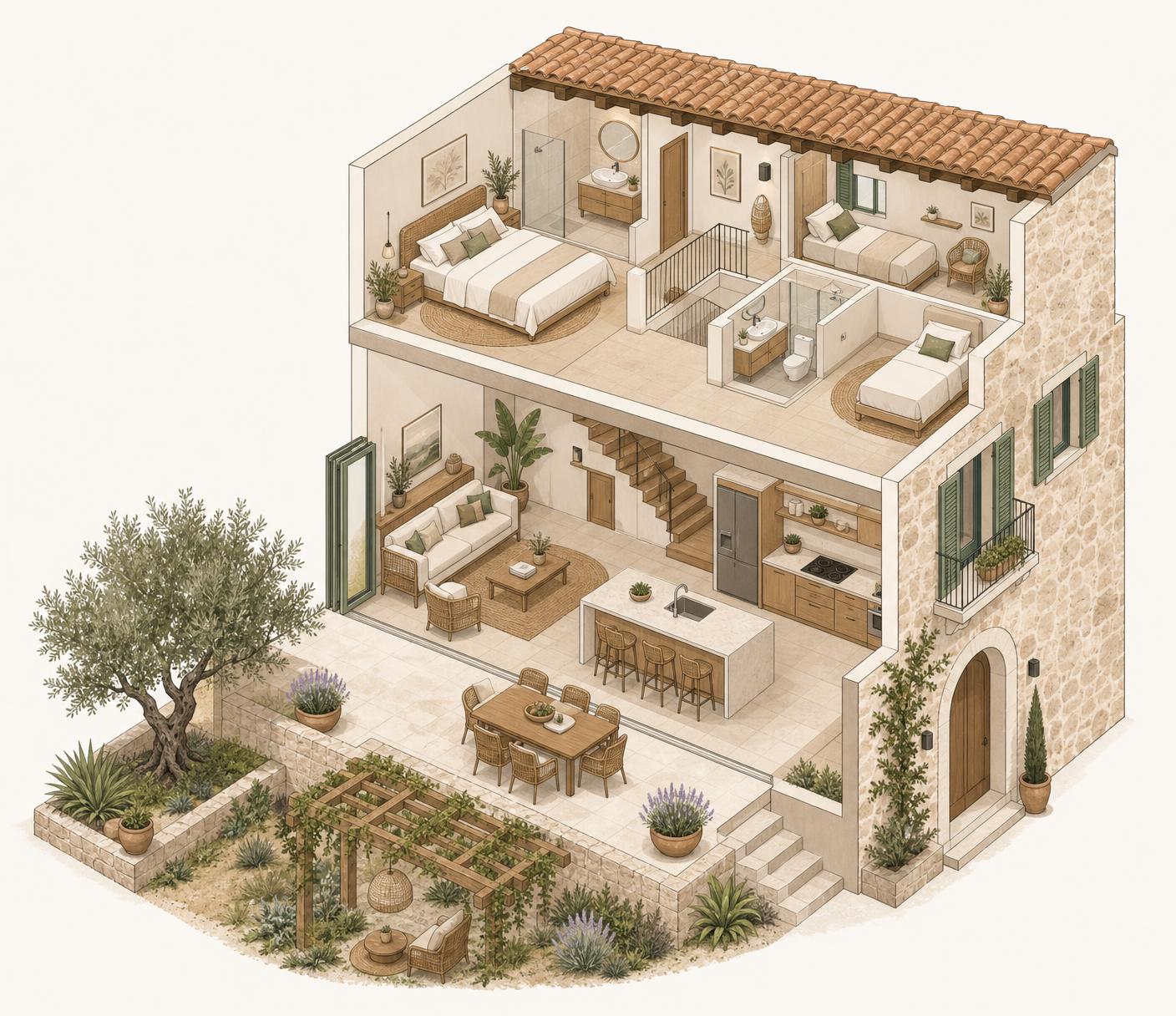 Ilustración isométrica de la casa mallorquina: planta baja con salón, cocina, terraza y jardín; planta alta con suite, dos dormitorios y dos baños